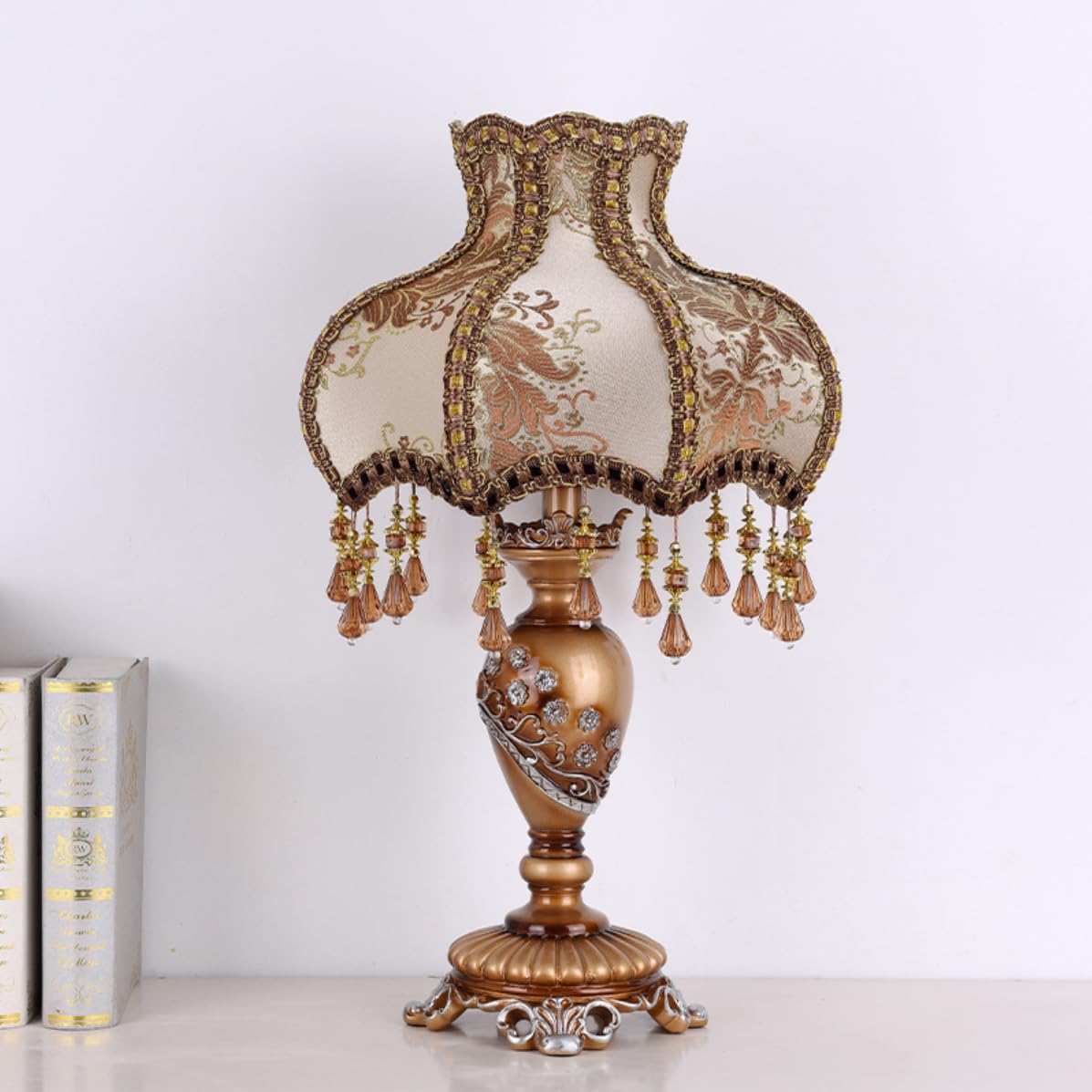 SEEAIRSHOP Vintage Table Lamp Beaded Fringe Lamp Brown Fabric